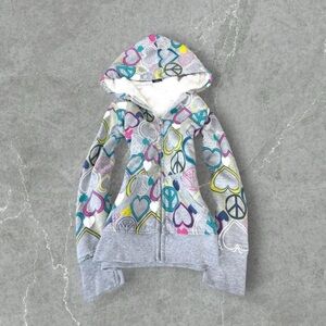 Grey kids hoodie with multi-colored hearts and peace signs